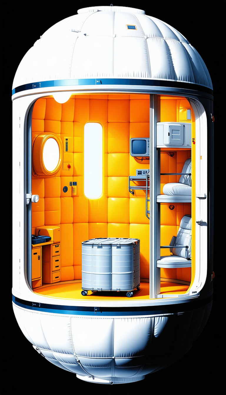 A Futuristic Space Station With A Variety Of Furniture And Appliances