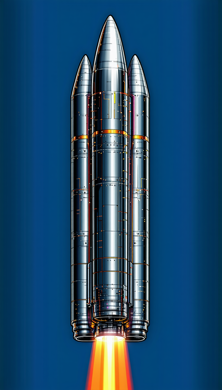 A Large Rocket Is Shown In A Blue Background