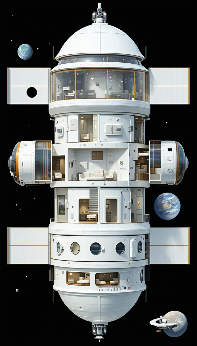 A Large White Space Station Is Shown In A Three-dimensional View