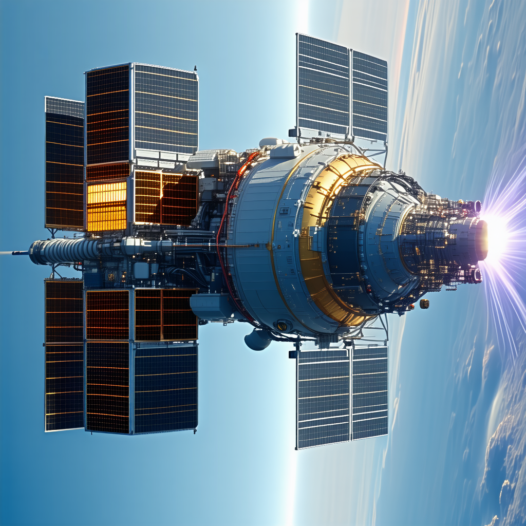 A Large Spacecraft With A Blue And White Color Scheme, Floating In The Sky