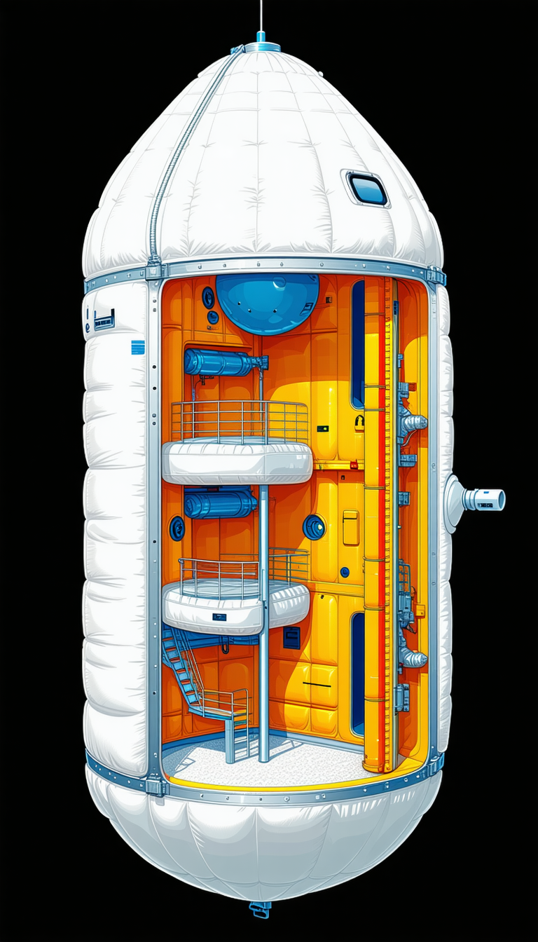 A Large, White, And Orange Spacecraft Is Shown In A Cartoon-like Drawing