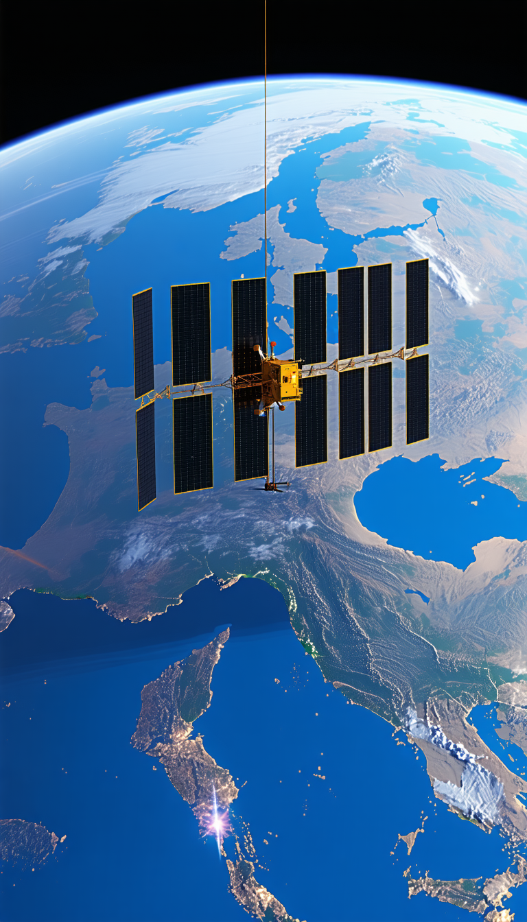A Satellite In The Foreground, With A Large Globe Of The Earth In The Background