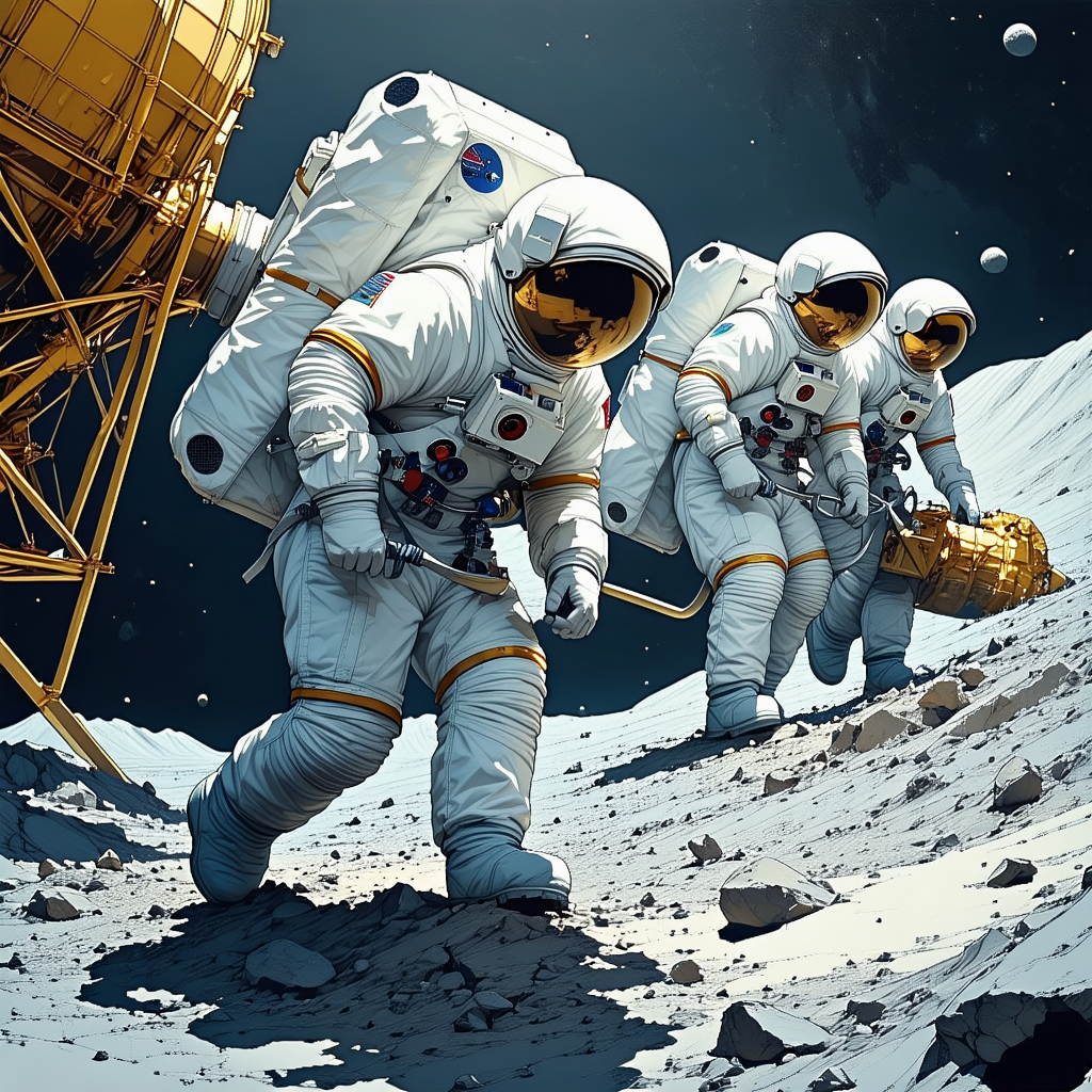 In This Image, There Are Four Astronauts Wearing White Suits, Standing On A Rocky Surface