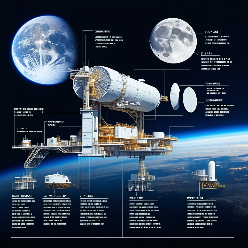 A Large Space Station Is Shown In A Diagram, With Various Parts Labeled