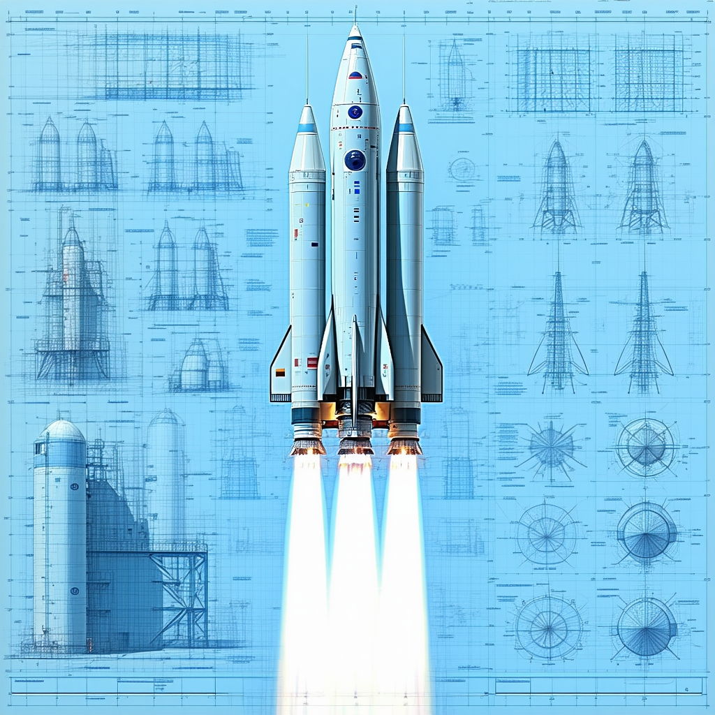 A Space Shuttle Is Shown In A Blue And White Drawing, With Its Booster Rockets Attached