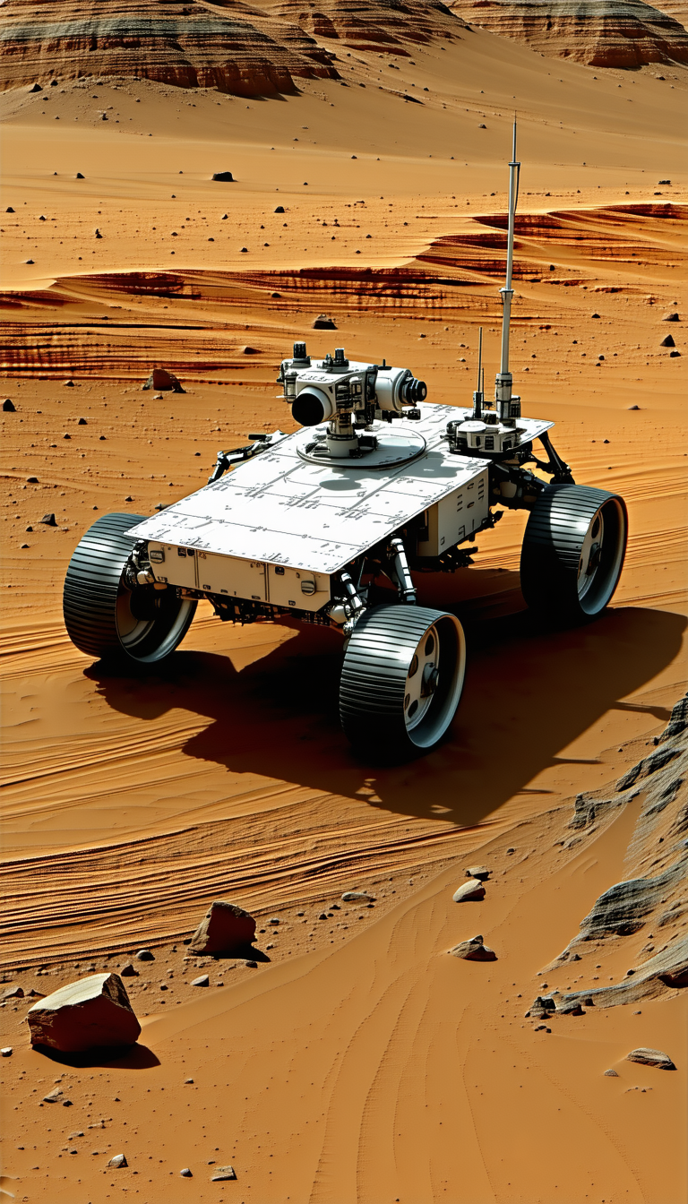 A White Robotic Vehicle, Possibly A Rover, Driving Across A Sandy Terrain