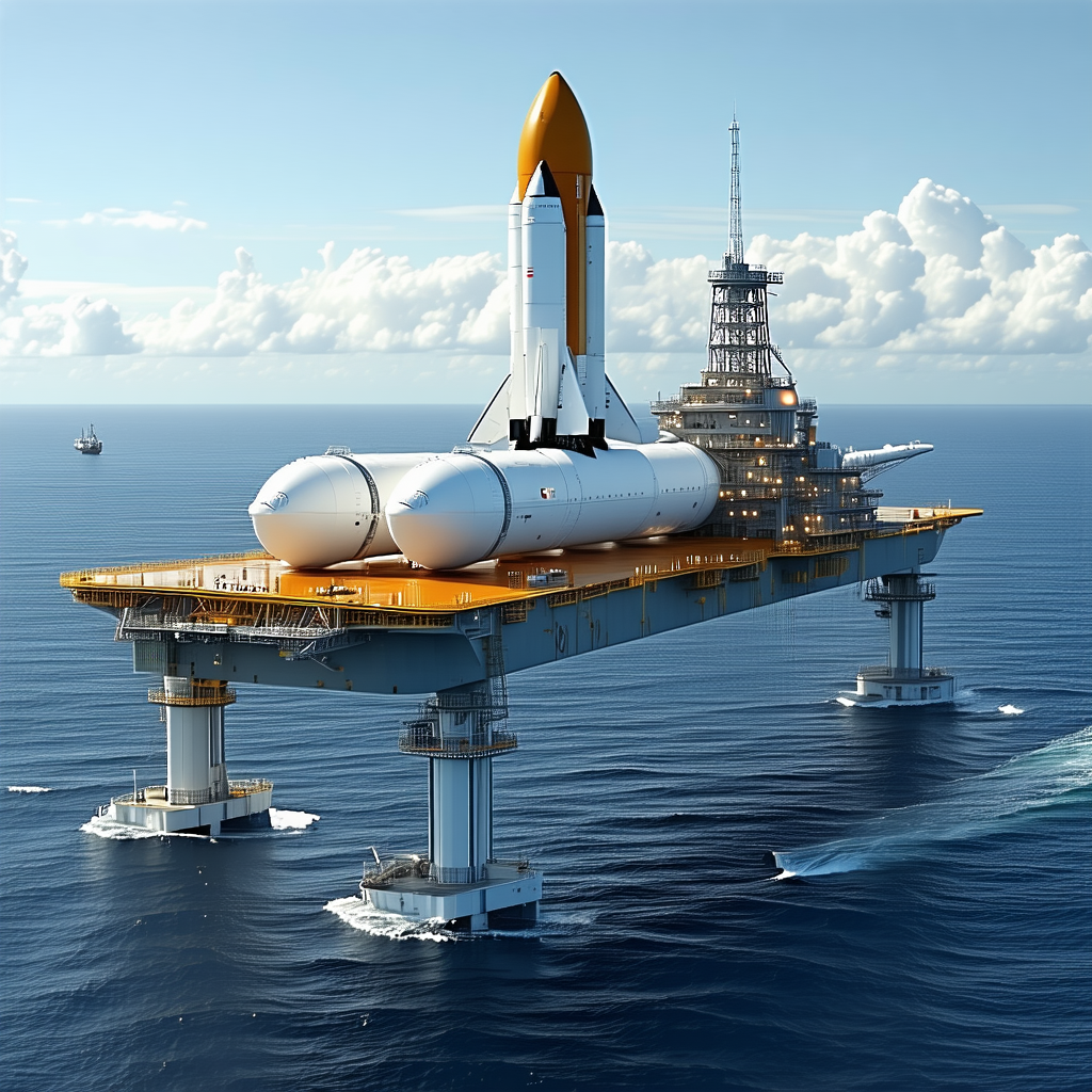 A Large Space Shuttle Is Docked On A Floating Platform In The Ocean