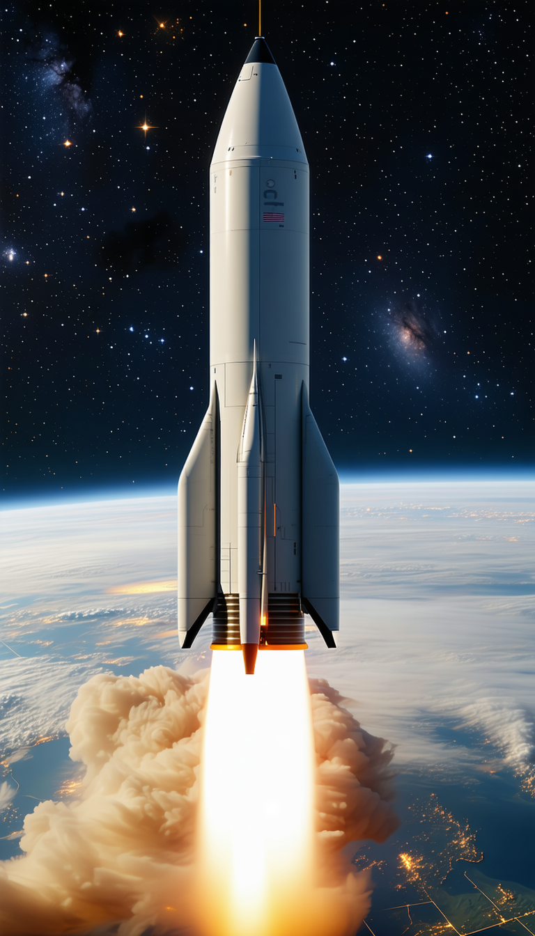 A Rocket Ship With Its Engine On, Flying Through The Sky