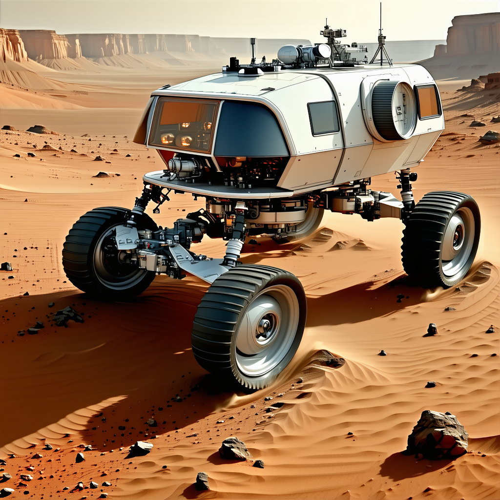 A Futuristic Vehicle With Four Large Wheels, Resembling A Tank Or A Rover