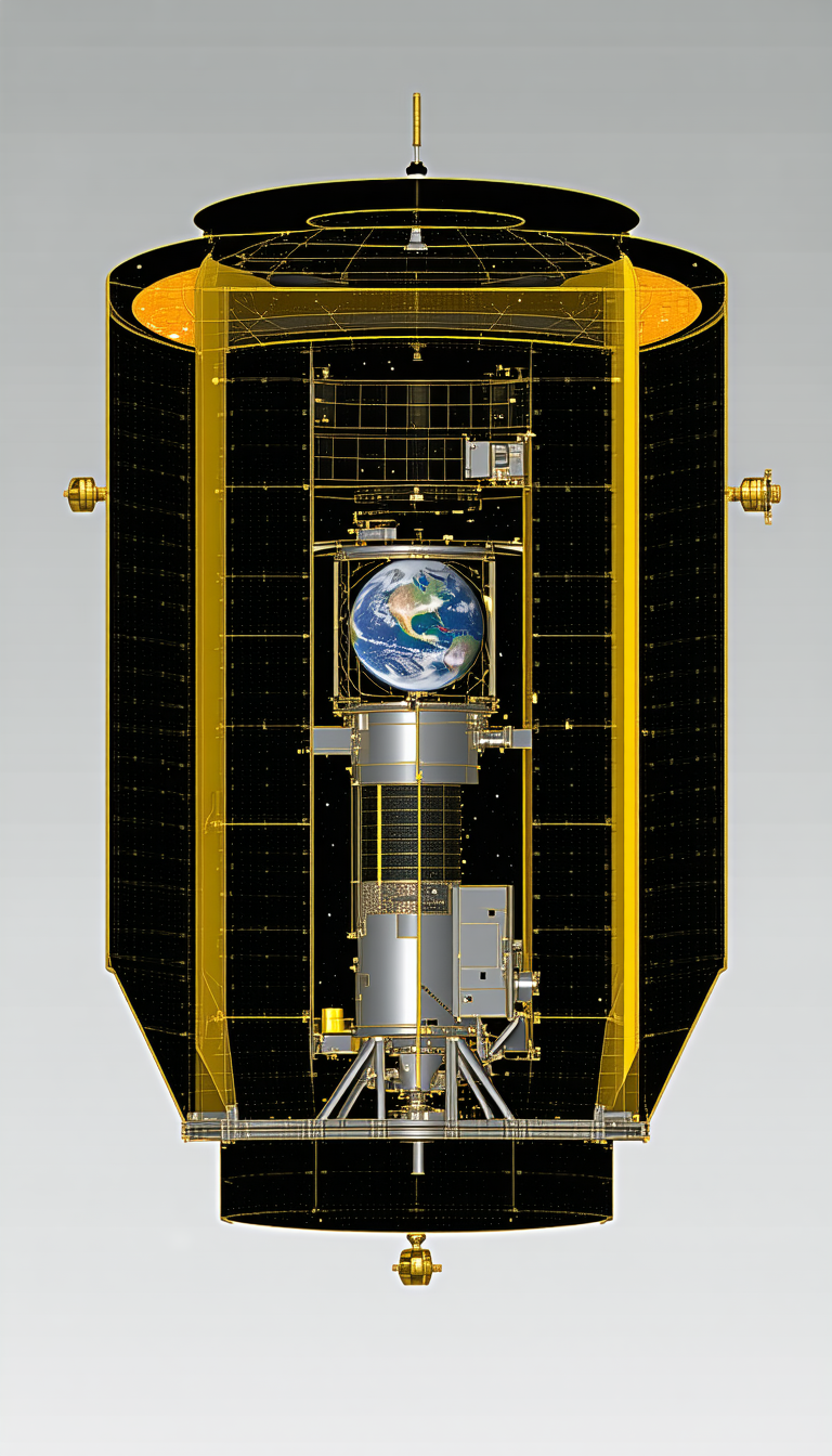 A Spacecraft Is Shown In A Close-up View, With A Large Globe On The Side Of The Spacecraft