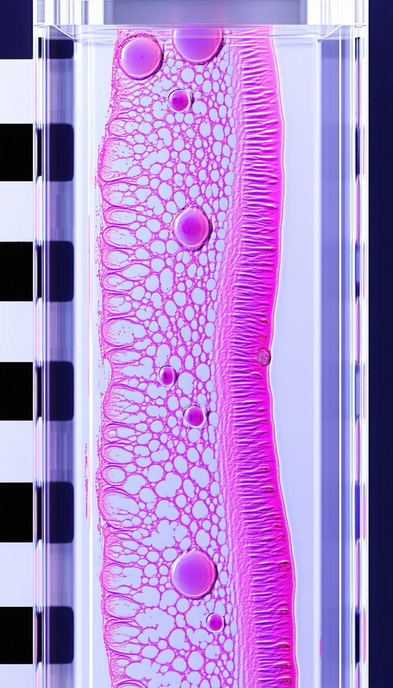 A Close-up View Of A Pink, Purple, And White Substance, Possibly A Piece Of Tissue Or A Cell