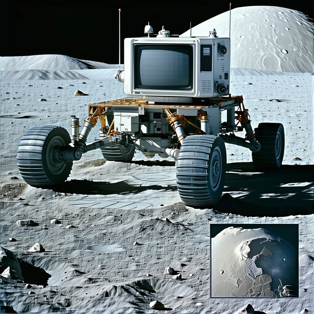 A White Rover Is Parked On The Moon, With A Television Monitor On Top Of It
