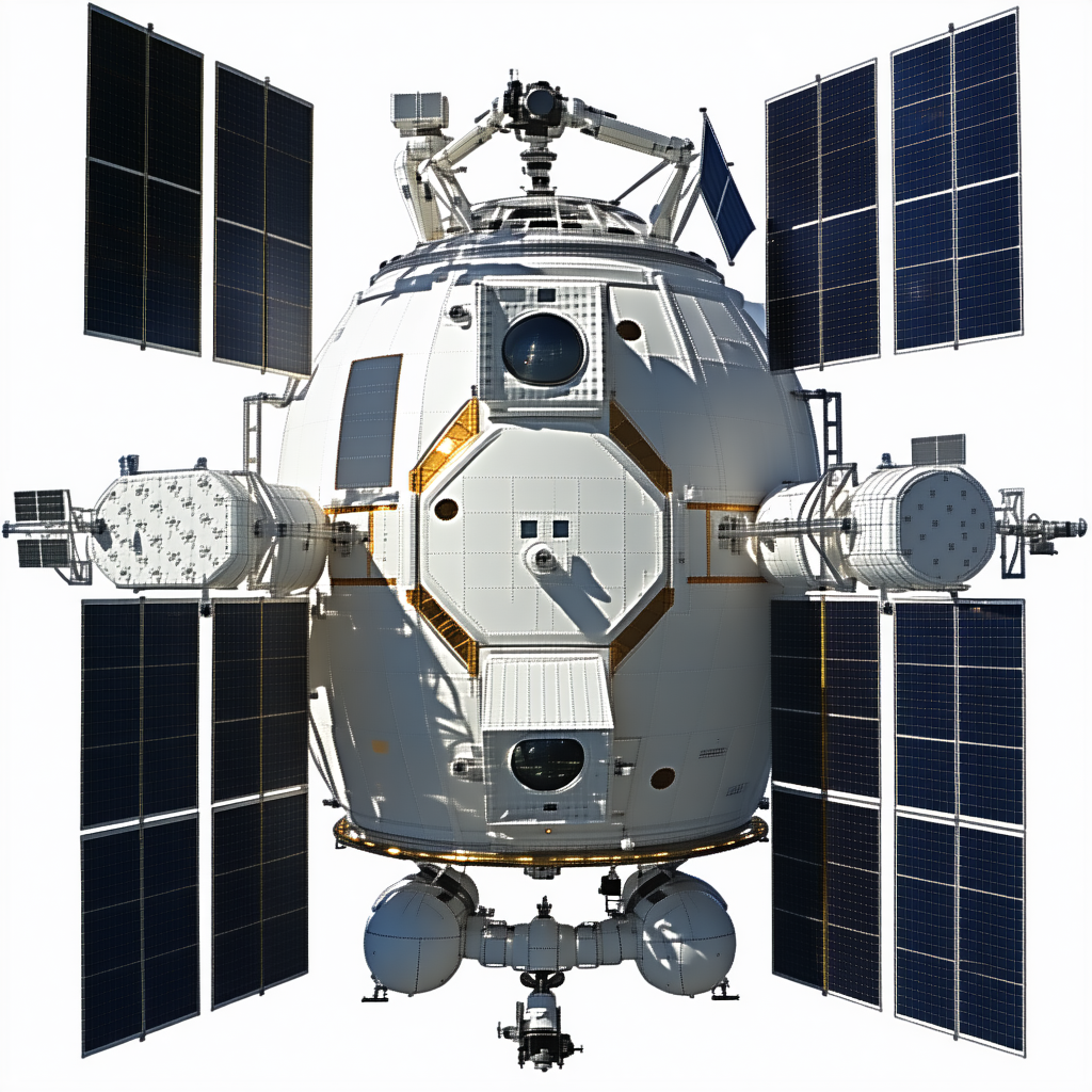 A Large Spacecraft With A White And Gold Exterior, Resembling A Space Shuttle