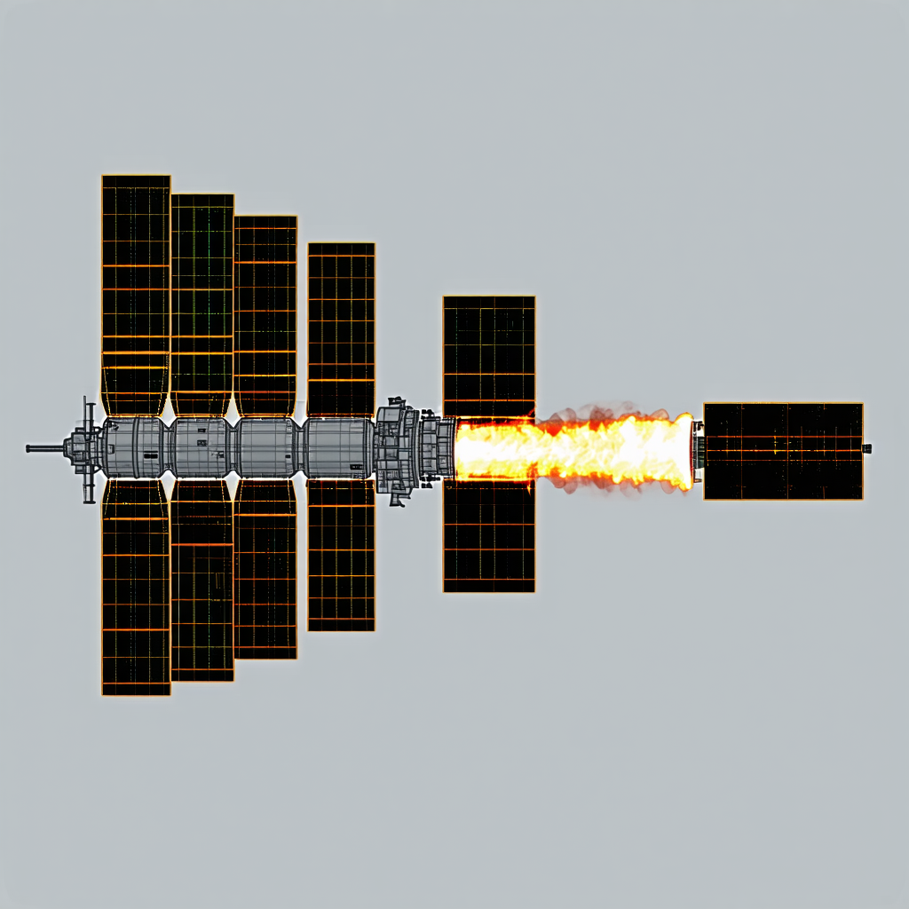 A Spacecraft Is Shown In A Close-up View, With Its Engine On Fire