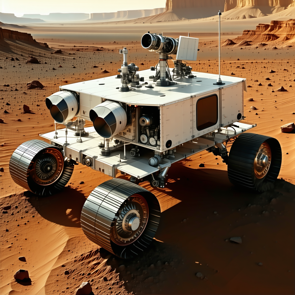 A White Robotic Vehicle With A Large Wheel On The Front, Driving Across A Desert-like Terrain