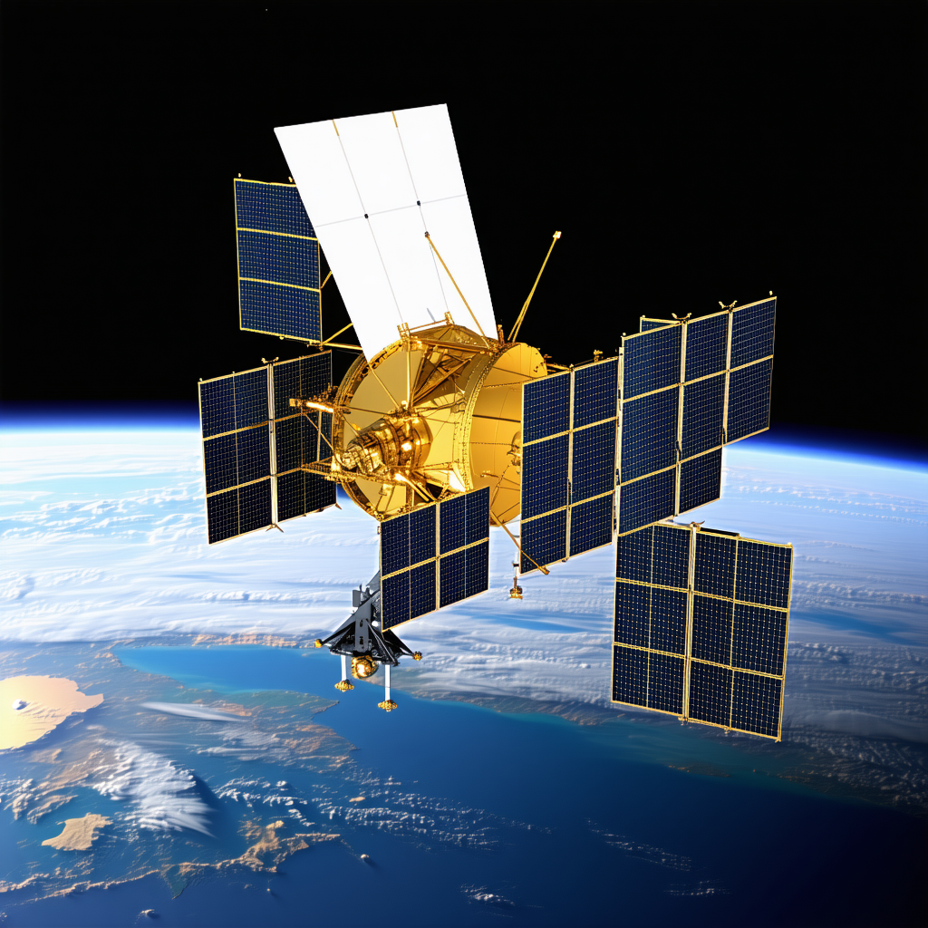 A Spacecraft With A Large Dome On Top, Flying Over A Blue Planet