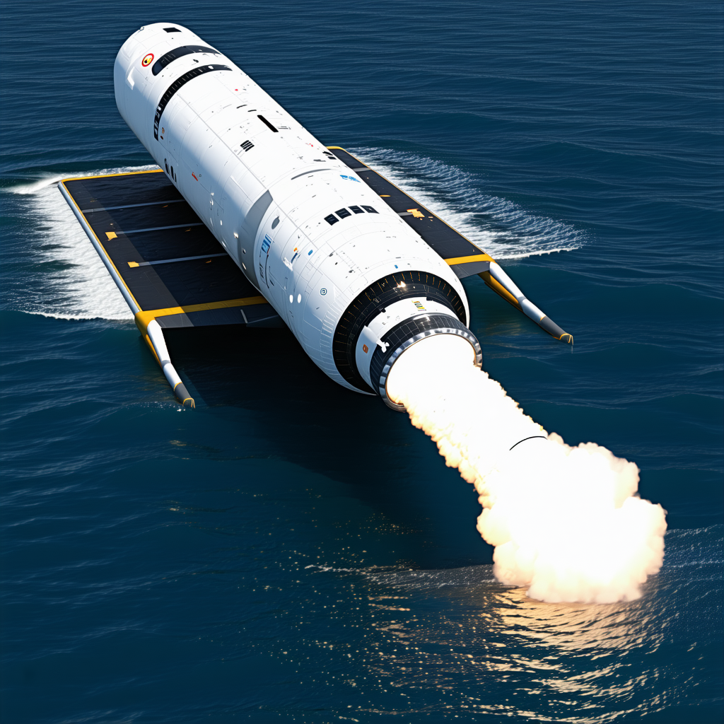 A Large White Space Shuttle Is Floating On Top Of A Yellow Ramp In The Ocean
