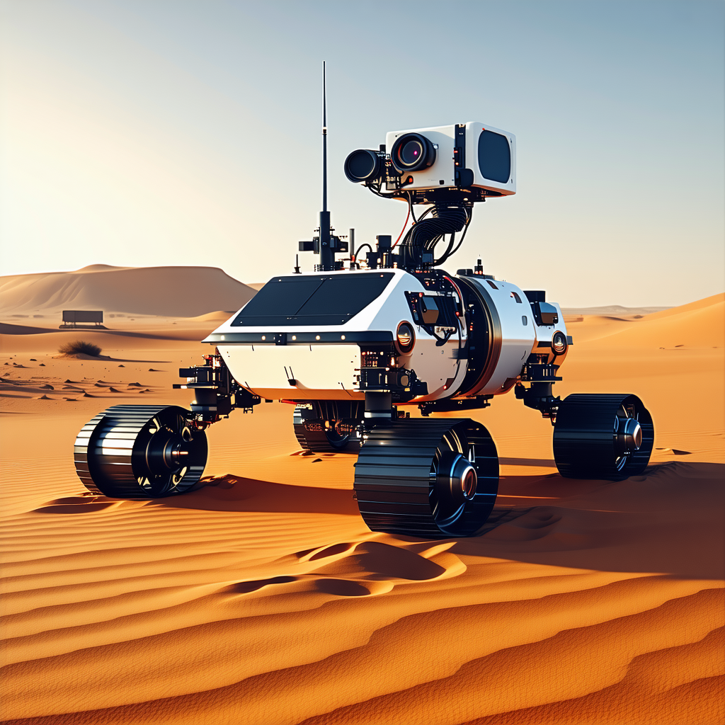 A Large Robotic Vehicle, Possibly A Rover, Sitting In A Desert-like Environment