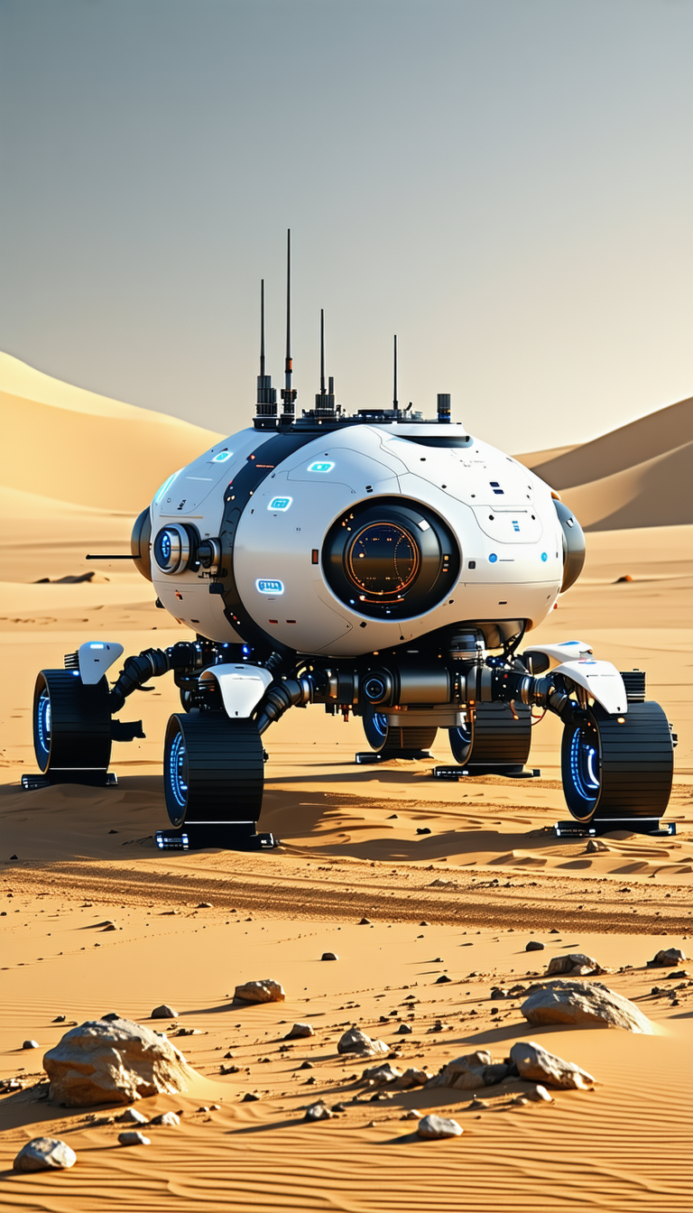 A Futuristic Vehicle Is Parked In A Desert-like Environment