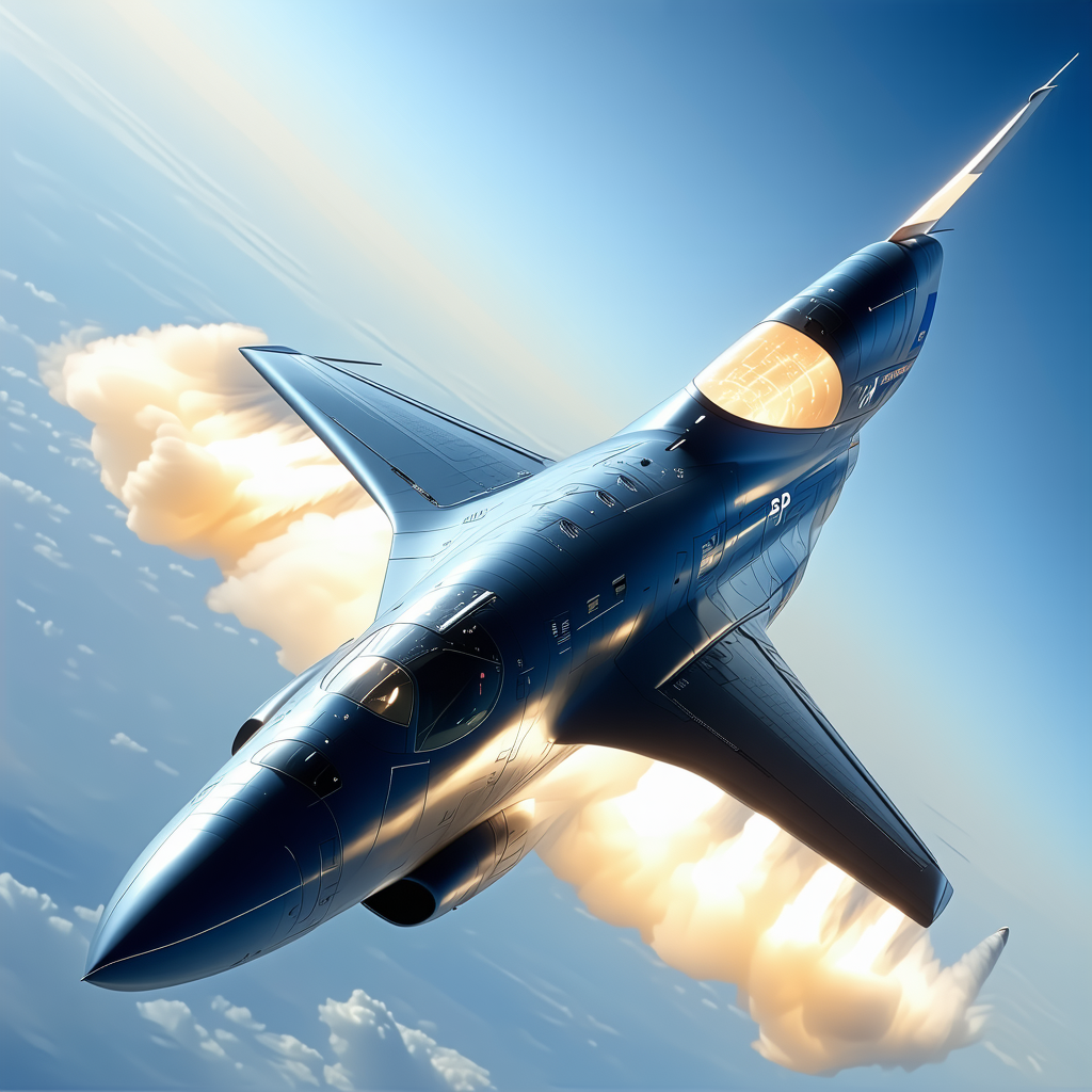 A Blue And Black Jet Is Flying Through The Sky, Leaving A Trail Of Smoke Behind It