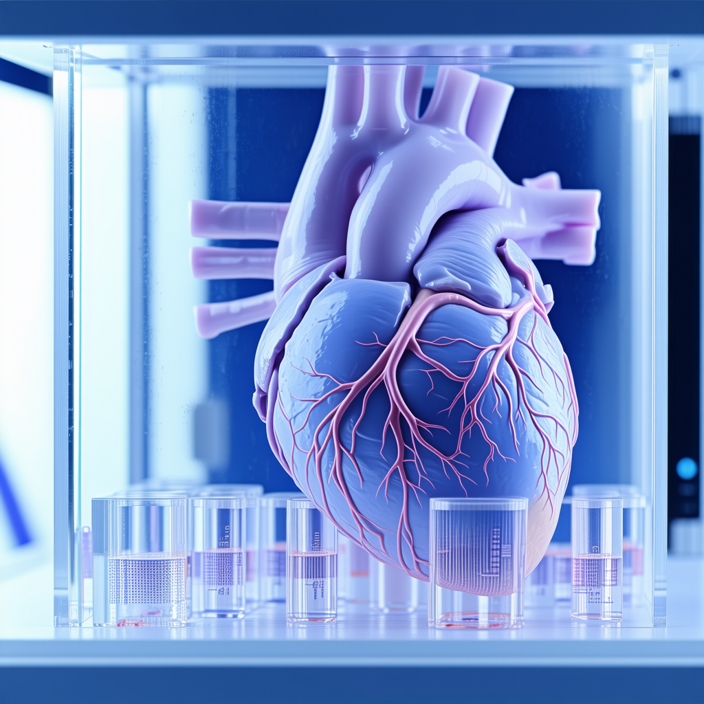 A Heart Is Displayed In A Glass Case, Surrounded By Several Vials Of Liquid