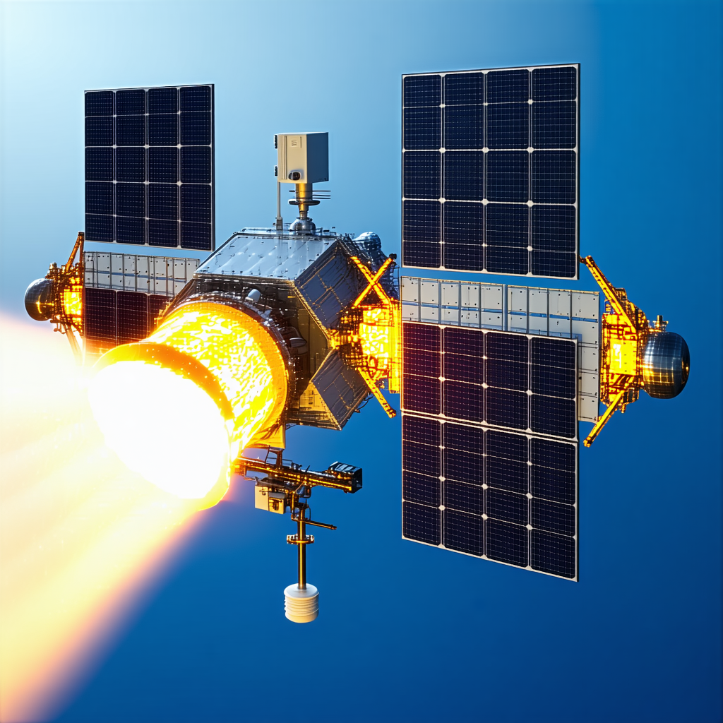 A Spacecraft Is Shown In A Blue Sky, With A Large Rocket Engine On The Bottom Of The Spacecraft