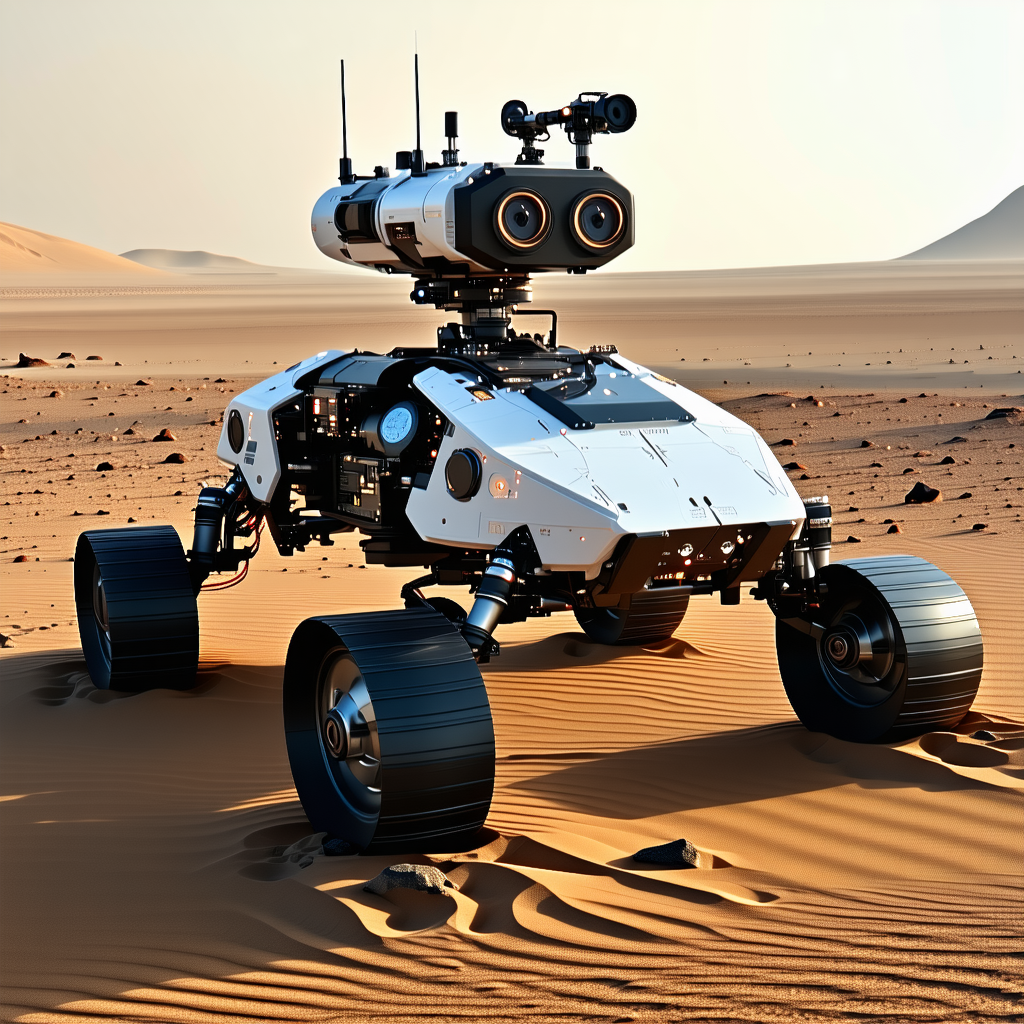 A White Robotic Vehicle, Possibly A Tank Or A Rover, Sitting In A Desert-like Environment