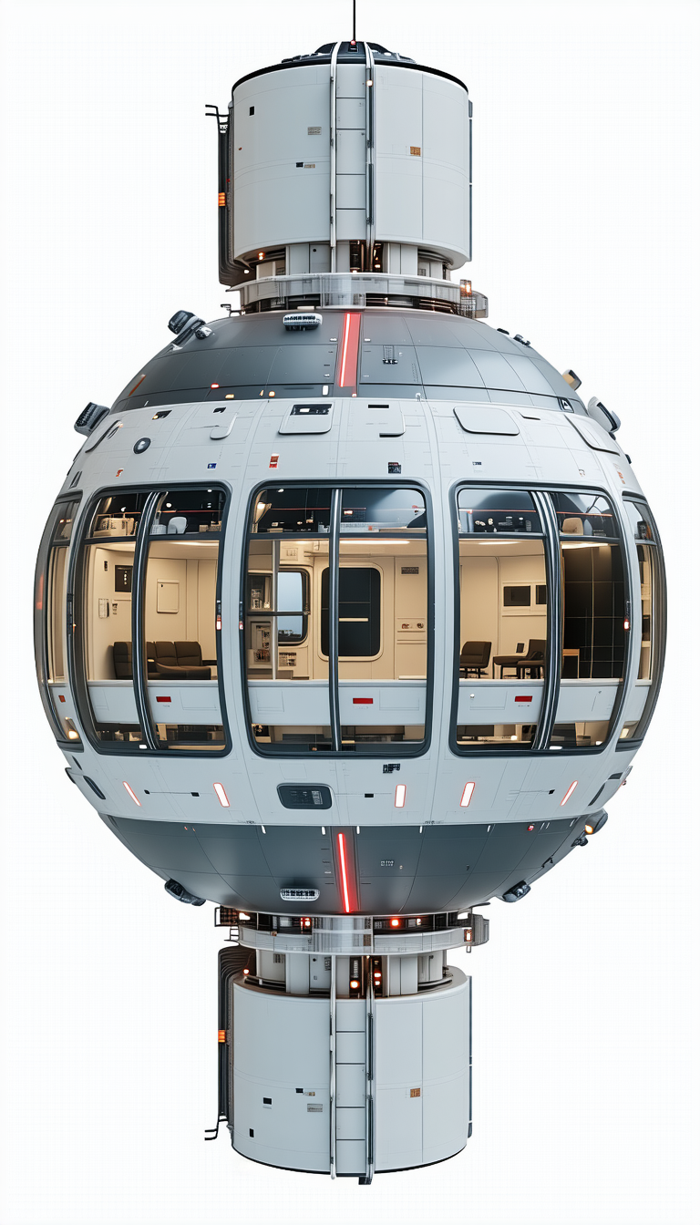 The Image Is A 3d Model Of A Space Station, Showcasing A Large White Dome With A Circular Window