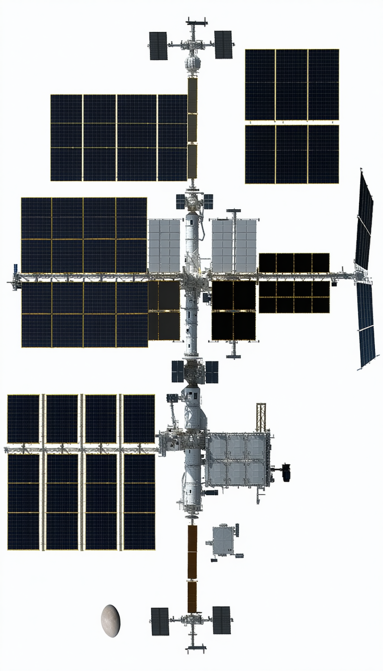 The Image Is A Detailed Illustration Of A Space Station, Showcasing Its Various Components