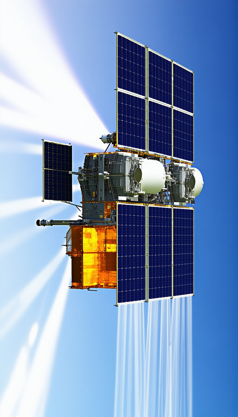 A Spacecraft With A Solar Panel On Its Side, Flying Through The Sky