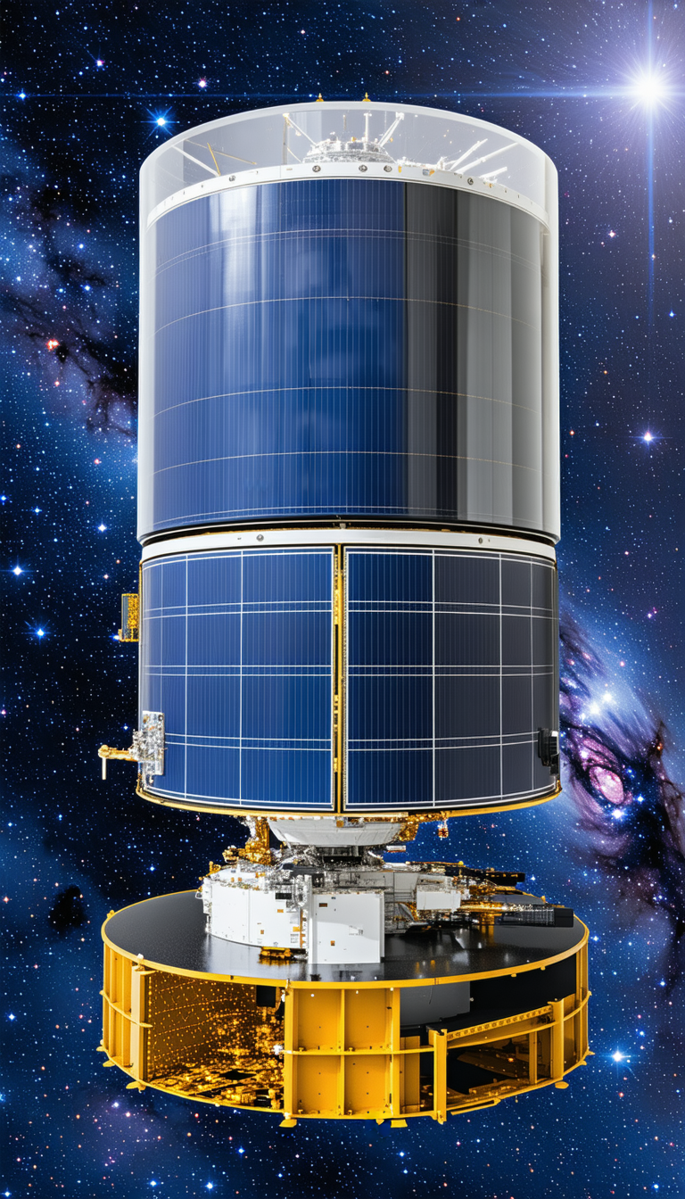 A Large Spacecraft With A Blue And White Color Scheme