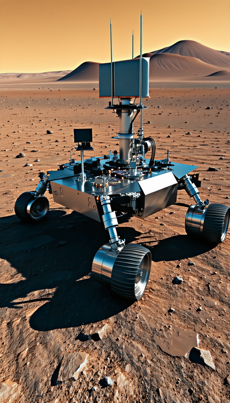 A Large Robotic Vehicle, Possibly A Rover, Sitting On A Dirt Surface