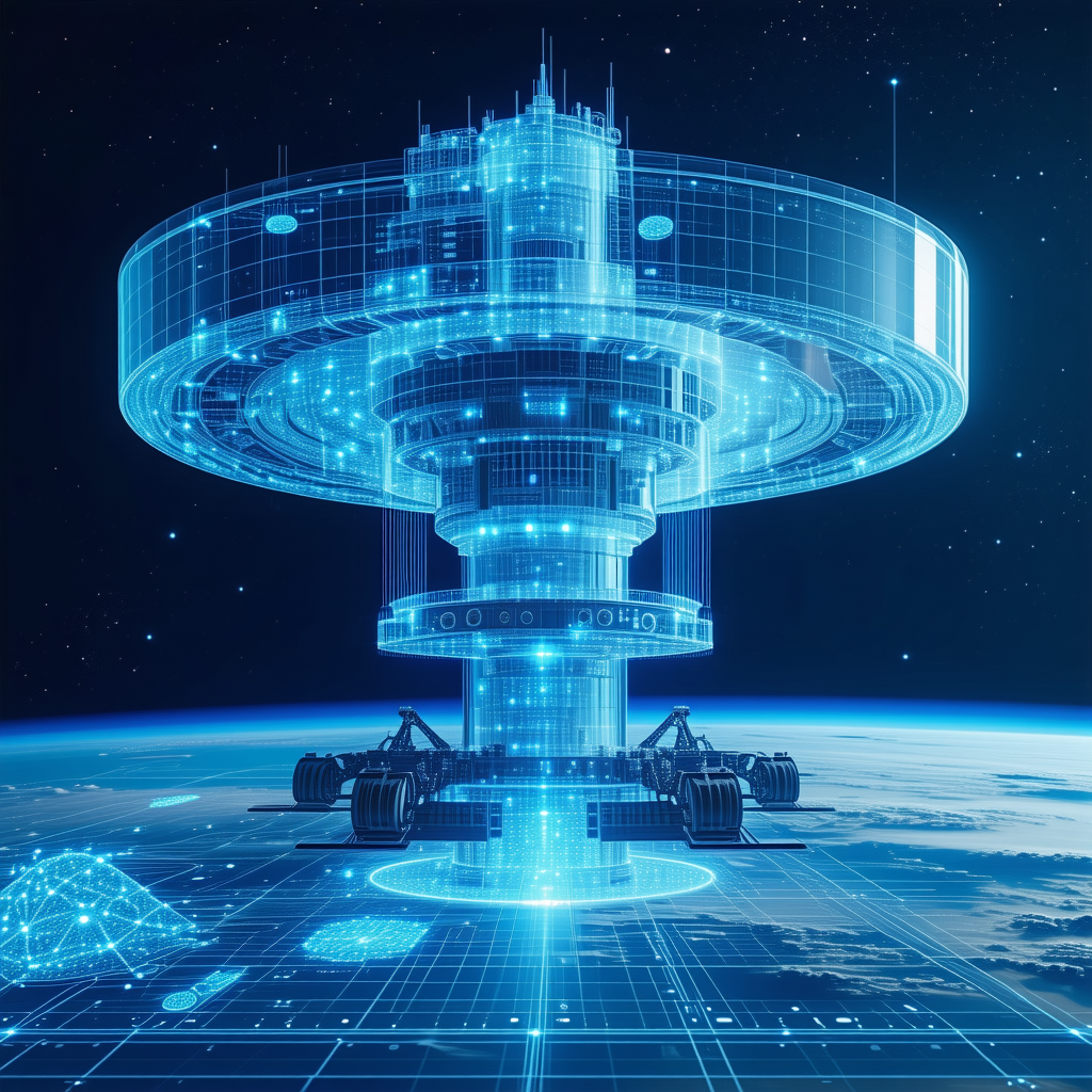 A Futuristic Space Station With A Large, Blue, And Glass-like Structure