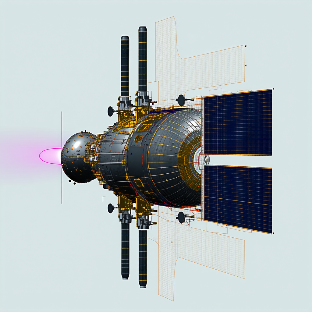 A Spacecraft Is Shown In A 3d Model, With A Large Dome On The Front And A Smaller Dome On The Back