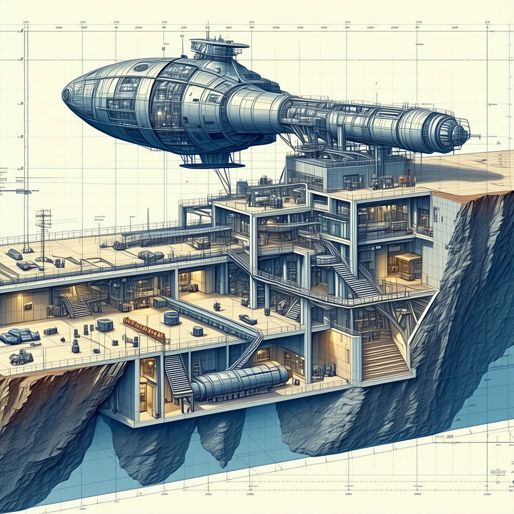 blue white drawing futuristic building