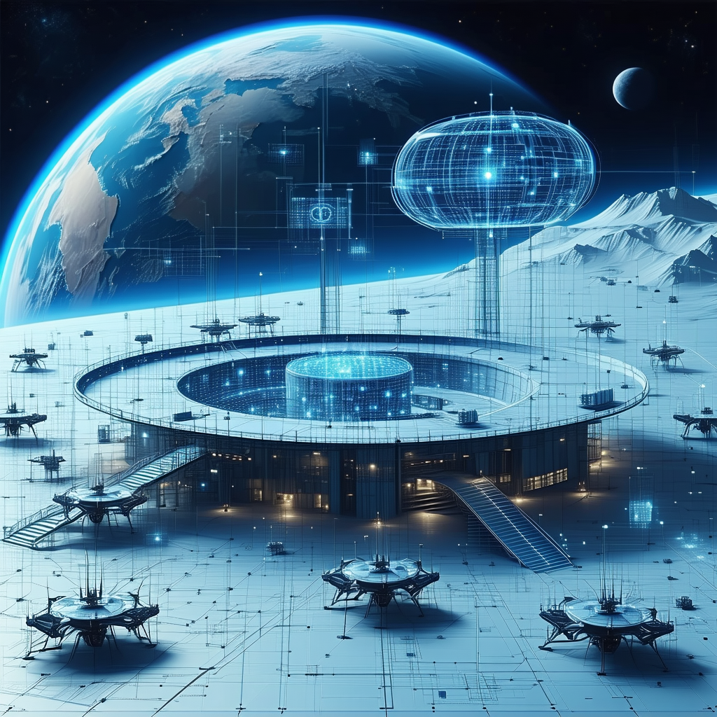In This Futuristic Scene, A Large, Circular Building Is Situated On A Planet With A Blue Sky