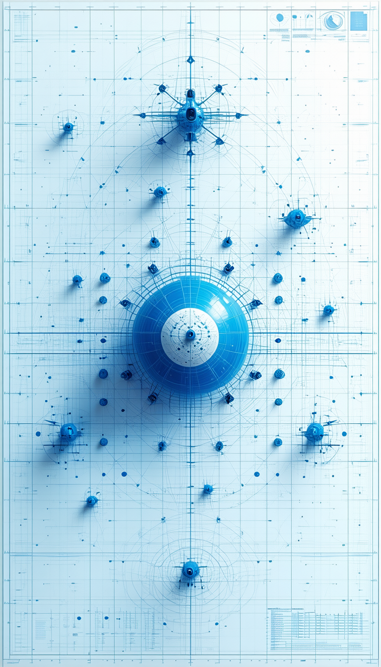 A Blue Sphere Is The Centerpiece Of A Blue And White Drawing