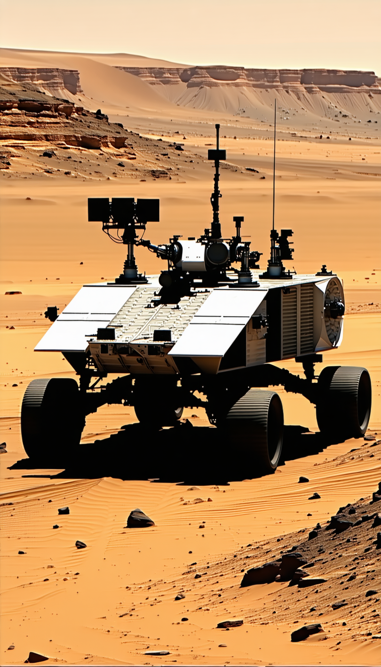 A White Robotic Vehicle Is Driving Across A Sandy Terrain