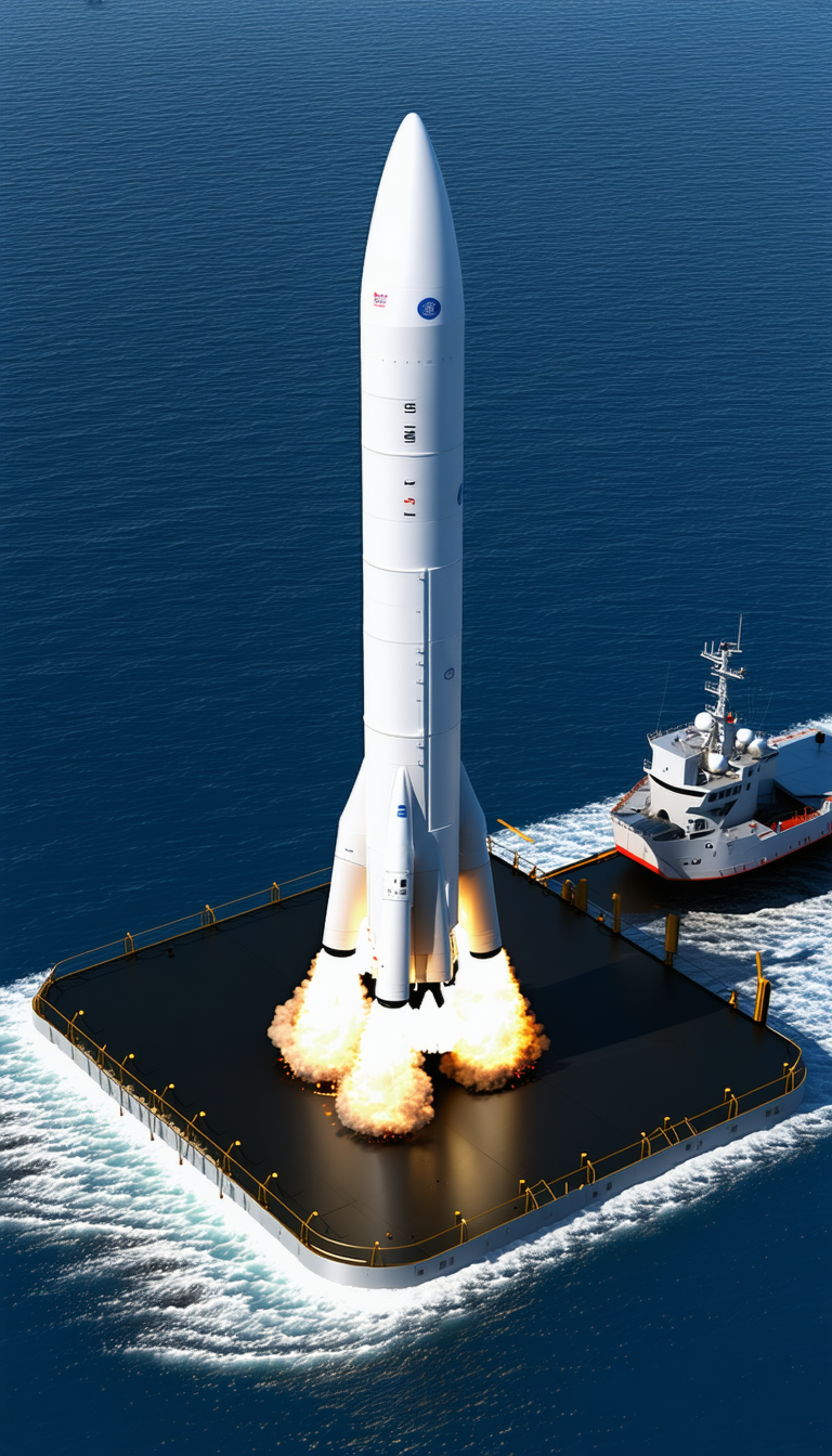 A Large Rocket Ship On A Runway, With A Boat In The Background
