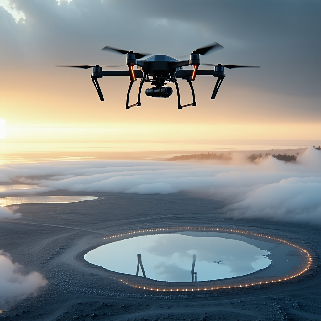 A Large Drone Flying High Above A Circular Structure, Which Appears To Be A Large Mirror