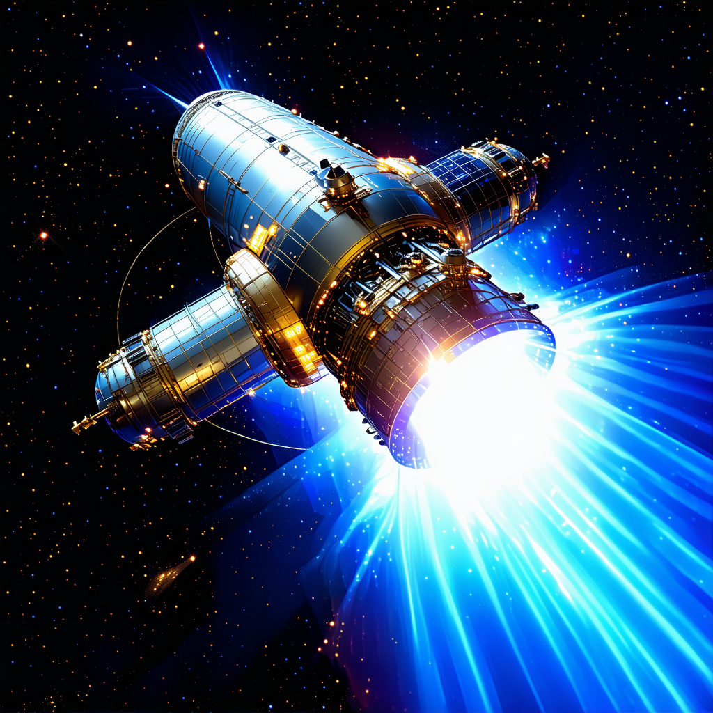 A Spacecraft With A Blue And Gold Color Scheme, Flying Through The Night Sky