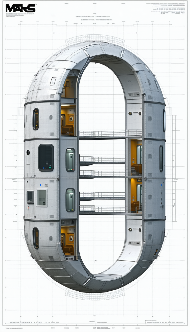 A Large, Circular Spacecraft Is Shown In A Drawing, With A Large Ring In The Middle