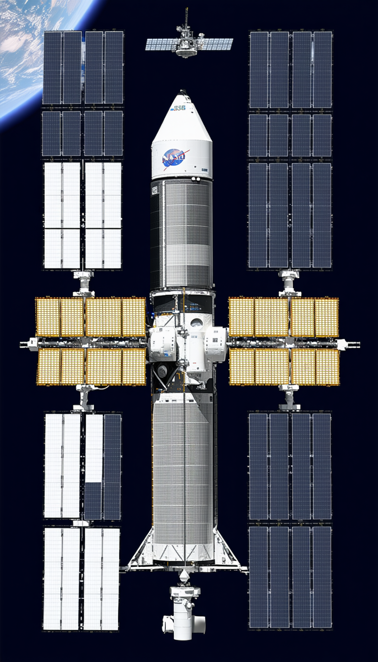 A Large Space Station With A Blue And White Color Scheme
