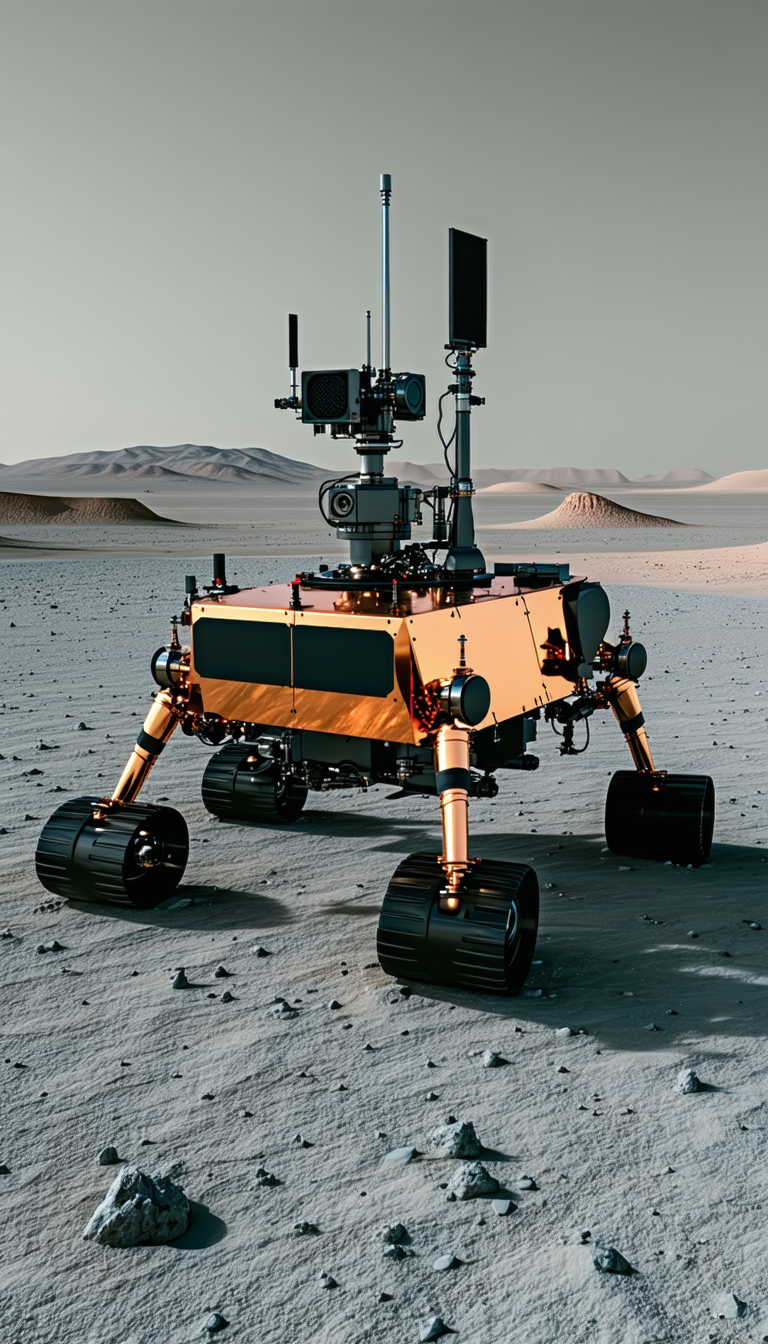 A Large Robotic Vehicle, Possibly A Rover, Sitting On A Dirt Surface
