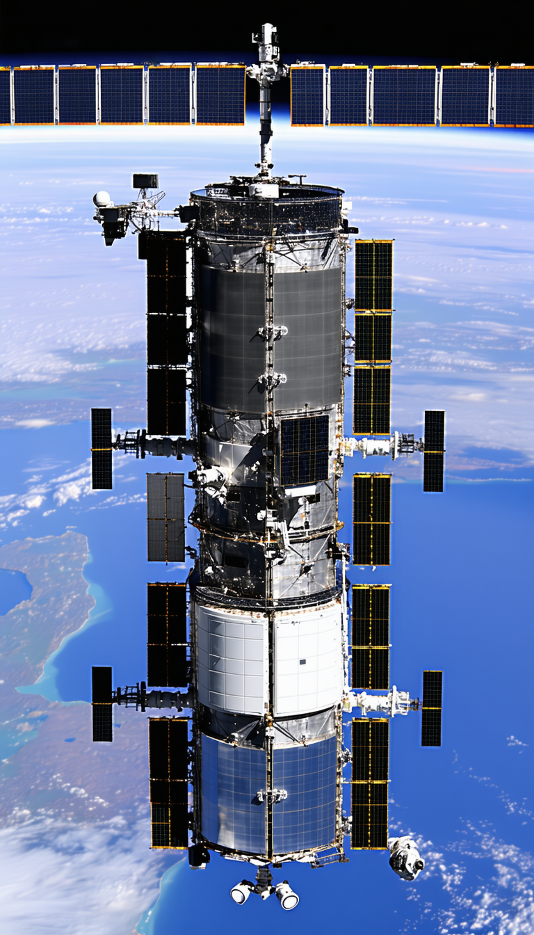 A Large Space Station Is Floating In The Sky