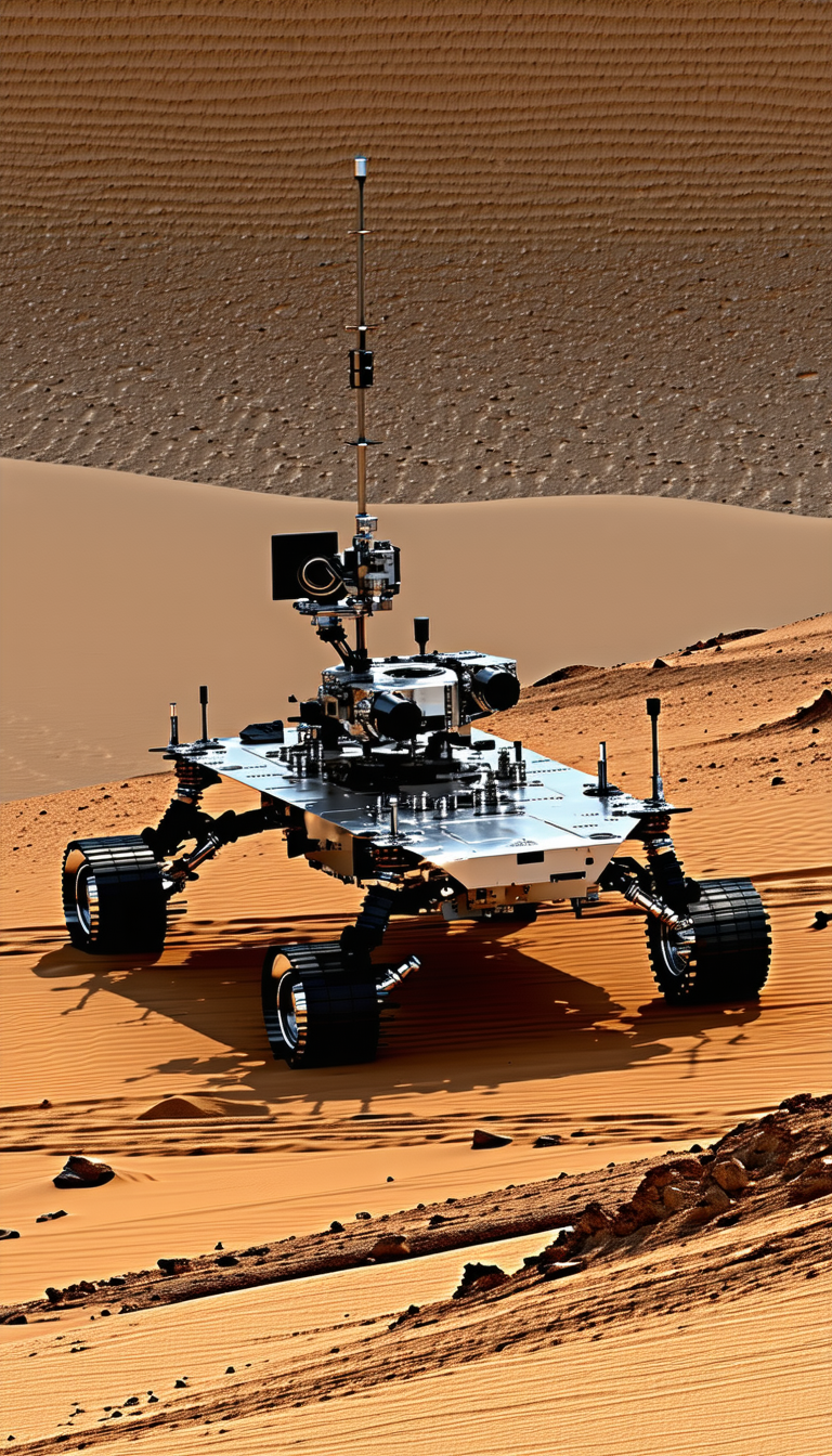 A Large Robotic Vehicle, Possibly A Rover, Sitting On A Sandy Surface