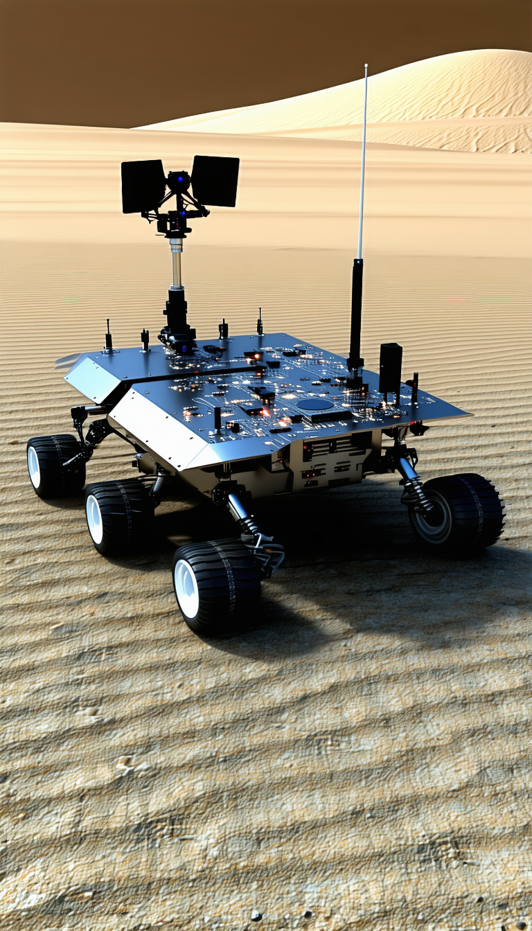 A Robotic Vehicle Is Sitting On A Sandy Surface, Possibly A Desert