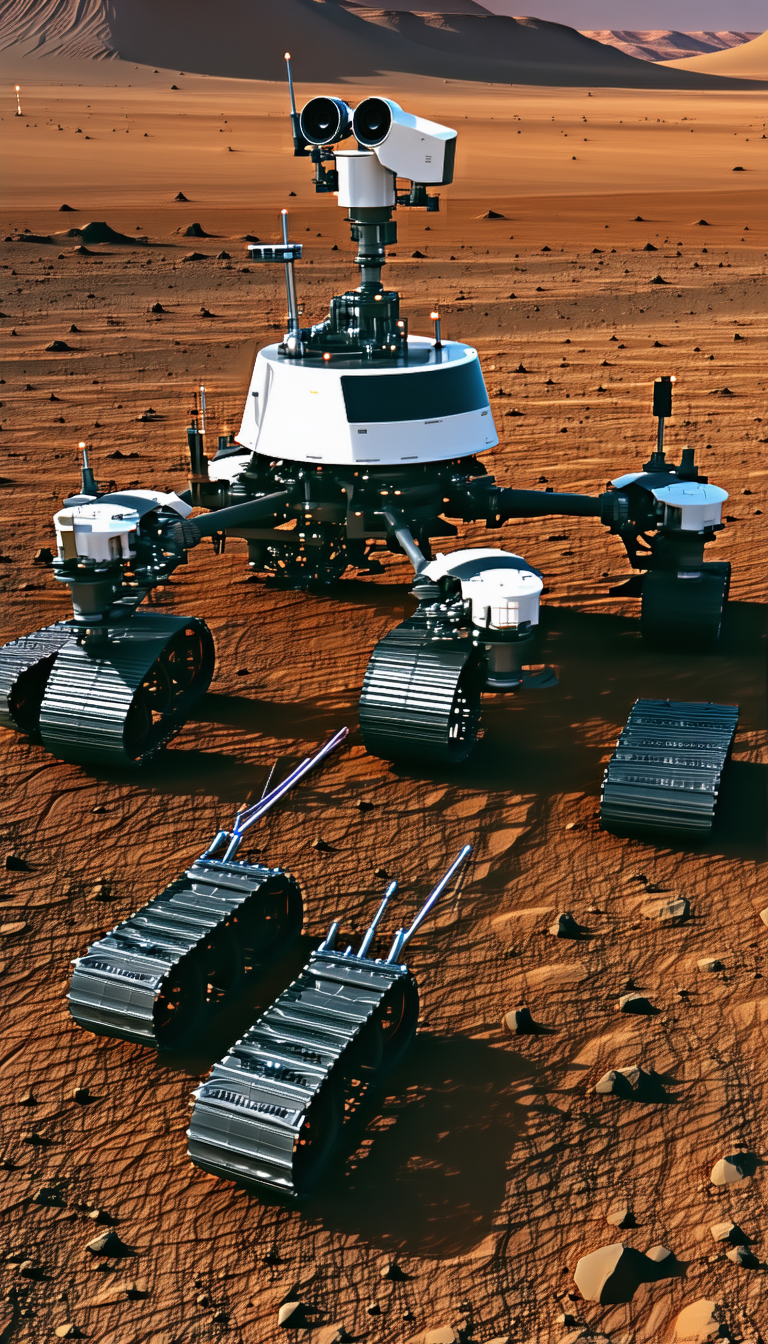 A Large, White, And Black Robotic Vehicle On A Dirt Field