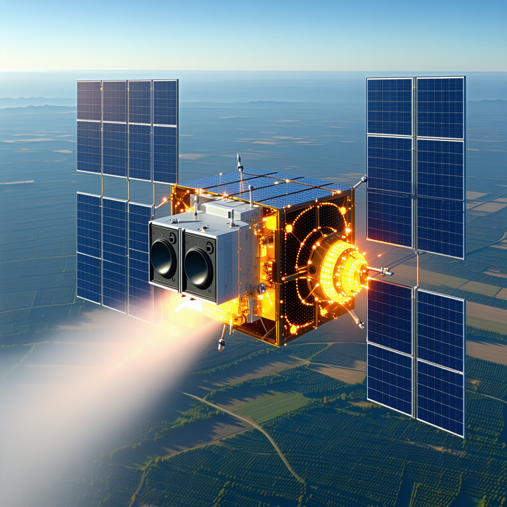 A Small Spacecraft With A Solar Panel On Its Side, Flying Through The Sky