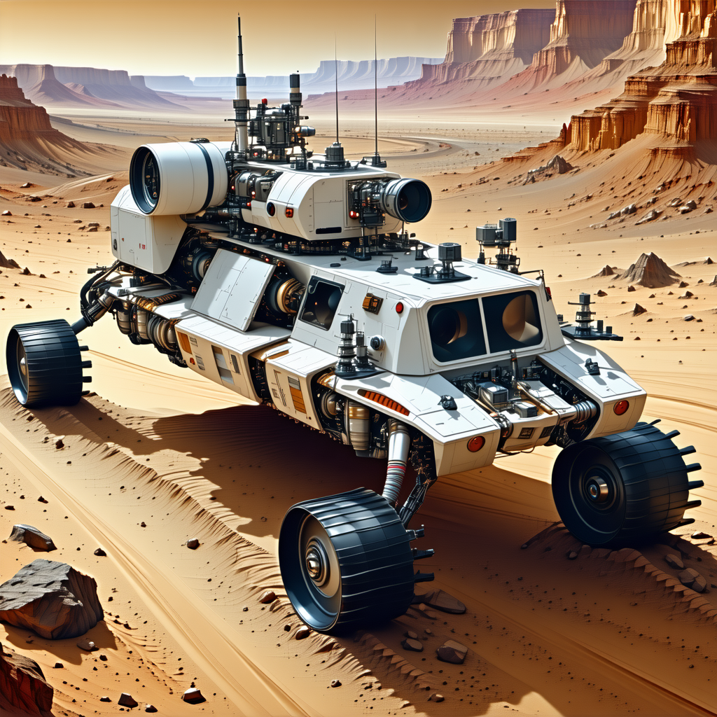 A Futuristic Vehicle, Possibly A Spacecraft Or A Rover, Driving Across A Rocky Terrain